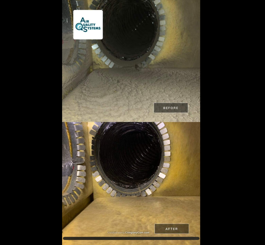 Before and after photos showing effective air duct cleaning results by Air Quality Systems company.